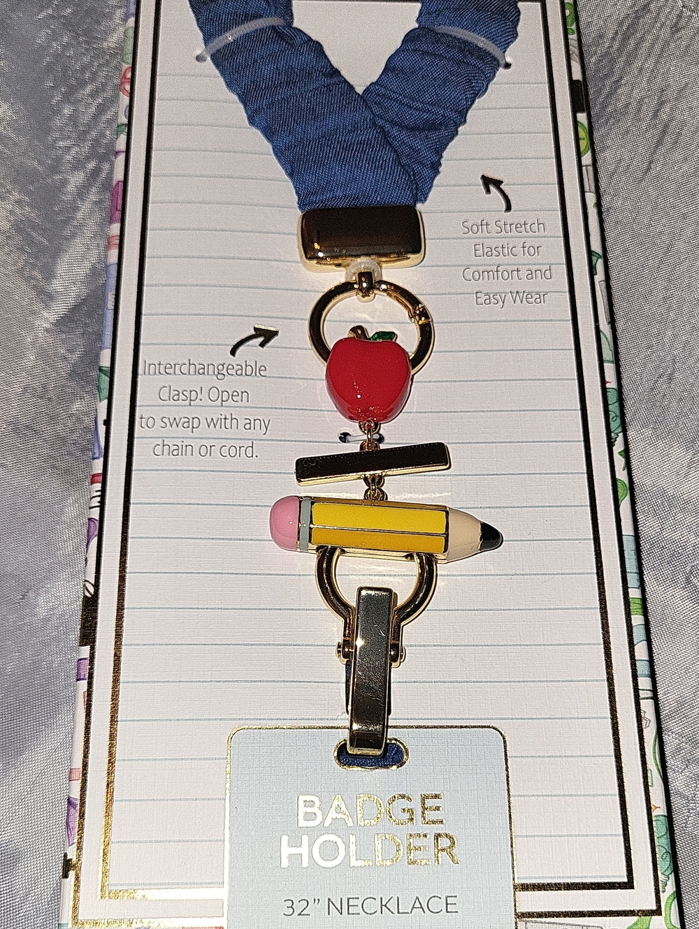School-Themed Badge Holder Necklace with Apple & Pencil Charms - Blue